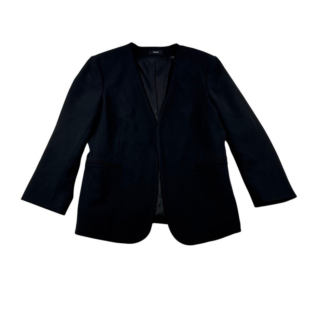 Theory Lindrayia B Admiral Crepe Blazer 10 Black Open Jacket Collarless V Neck